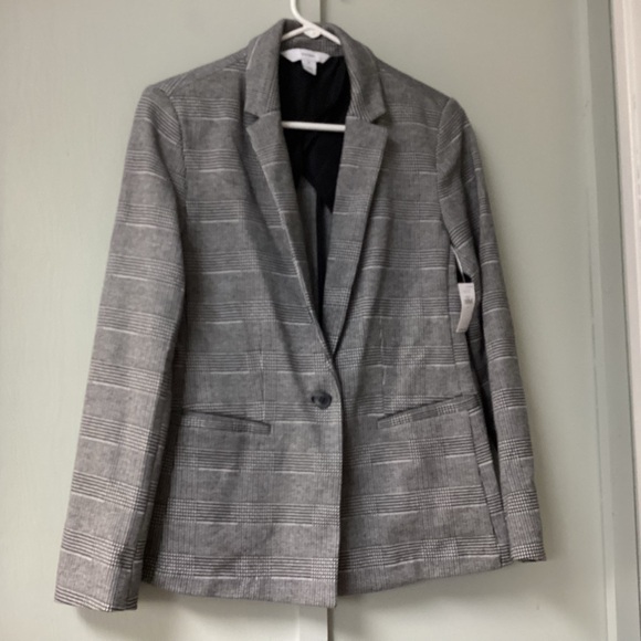 Old Navy Womens Medium Knit Ponte Blazer Jacket White Black Plaid Check Preppy N - Picture 1 of 16